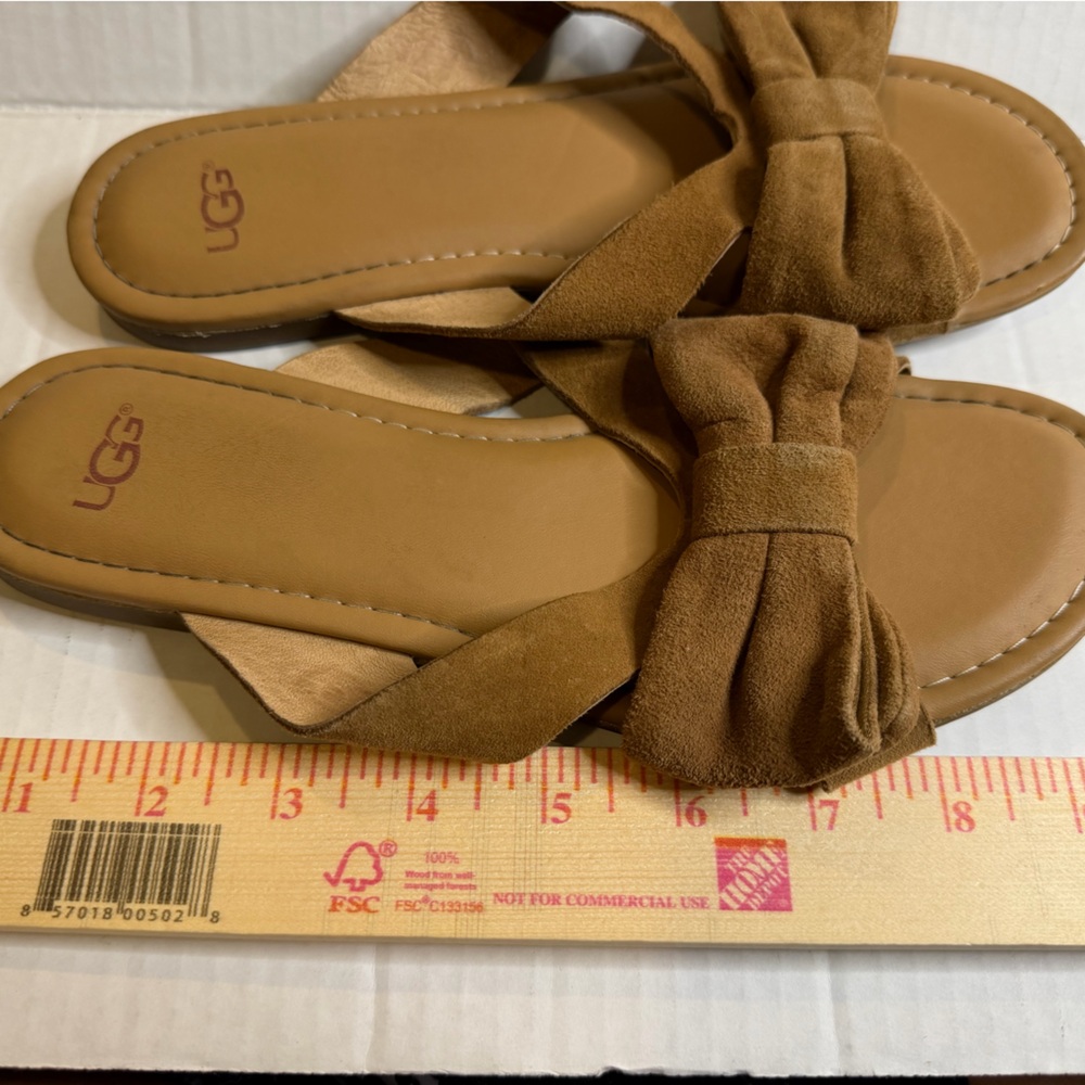 UGG Fonda Suede Slide Sandals Bow Thick Straps Chestnut 7.5 Brown - Picture 10 of 10